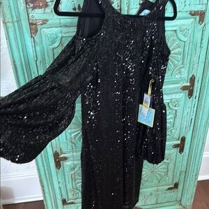 CeCe Black Sequin Cold Shoulder Dress